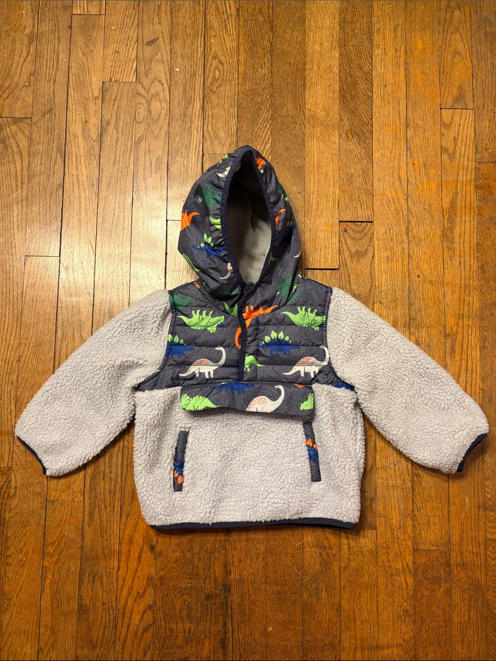 1 Madison Kids' Dino Hooded Sherpa Jacket - Gray, Navy, Green, Blue, Orange
